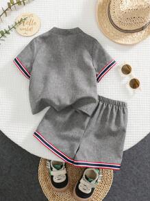 SHEIN 2pcs Set Baby Boy Summer Casual Elegant Adorable Gray Contrast Tape Short Sleeve Shirt And Shorts Outfit, Suitable For Birthday Party, Evening Party, Performance, Wedding, One-Month-Old Celebration And First Birthday - Multicolor - View 2