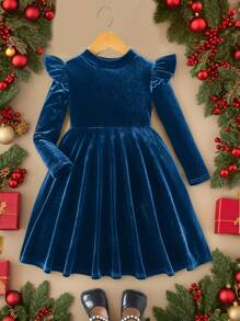 SHEIN Vestido de terciopelo de unicolor con volantes para niña, vestido de manga larga elegante tipo pastel, ideal para uso casual y diario, y para el colegio en otoño e invierno, para Navidad, vacaciones, combinado madre e hija, color verde, para Navidad, uso en fiestas, vestido de cumpleaños, vestido de princesa