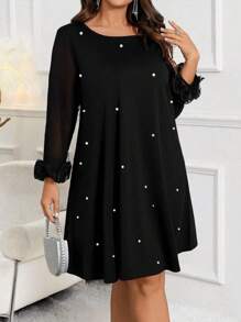 SHEIN Clasi Plus Size Casual Dress With Mesh Patchwork, Long Sleeve, Faux Pearl Decor