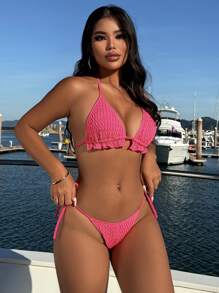 SHEIN Swim 夏季 3 件套女士西瓜粉色纹理泳装，性感朴素的海滩派对泳装 - 西瓜粉 - 查看 3