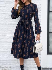SHEIN Clasi Vestido casual de mujer de manga larga y cuello redondo con estampado total, versátil para otoño/invierno