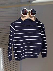 SHEIN 男宝宝中性休闲百搭黑白条纹弹力长袖圆领针织毛衣，适合幼儿园 - 彩色 - 查看 5
