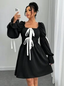 Chiquease Square Neck Ribbon Contrast Color Long Sleeve Princess Sweet Elegant Short Dress Fall Cloth For Women - Black - View 3