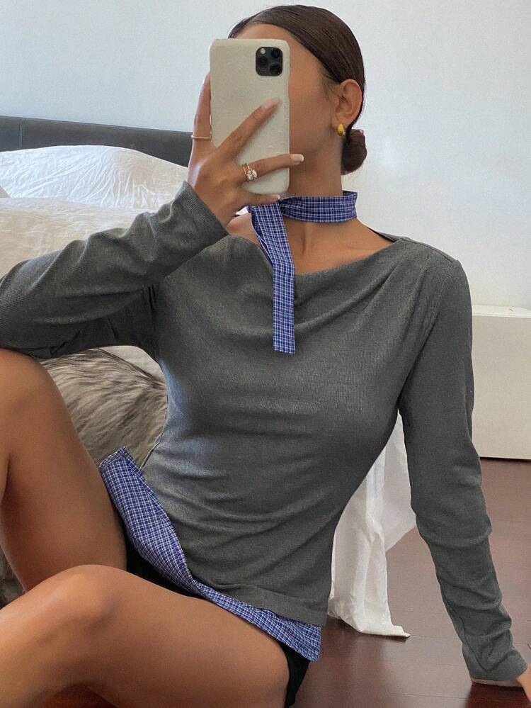 Patchwork Plaid Tie Neck Off Shoulder Long Sleeve Women T-Shirt,Fall Clothes