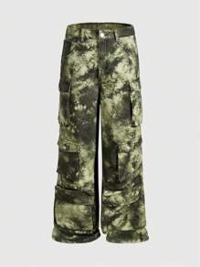 ROMWE MEN Street Life Men's Casual Tie-Dye Wide Leg Cargo Jeans - Army Green - View 6