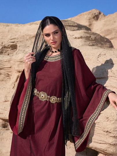 Al Najma 女式纯色拼布长袖休闲简约风格阿拉伯连衣裙