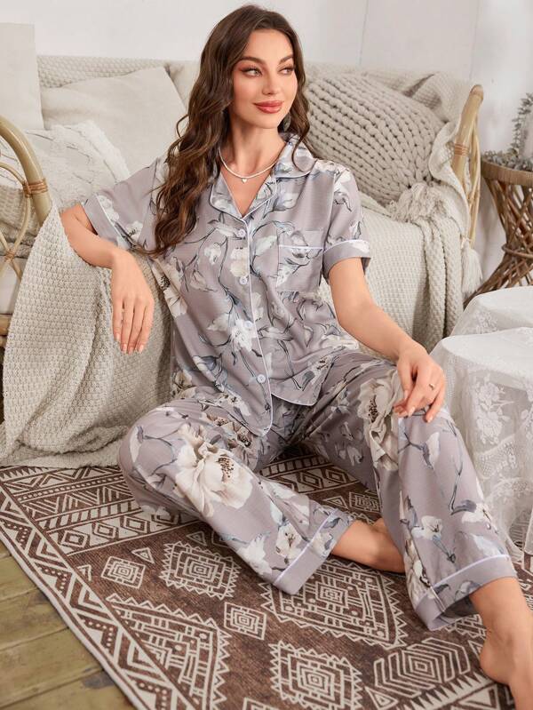Serenescape Bubble & Floral Print Short Sleeve Top And Pants Pajama Set, Vacation