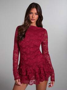 SHEIN BAE Women's Burgundy Solid Color Elegant Floral Lace Long Sleeve Layered Ruffle Hem Mini Dress, Suitable For Date Night, Night Club, Birthday Party, Valentine's Day, Cocktail Party,Valentine's Day,Valentine Outfits For Women - Burgundy - View 6