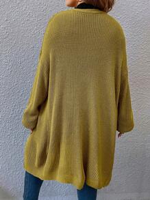 SHEIN LUNE Damen Große Größen Olive Grün Gestrickter Cardigan Pullover, einfarbig Off-Shoulder Langarm Loose Lässig, Herbst/Winter - Senfgelb - Übersicht 2
