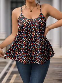 SHEIN LUNE Plus Size Women Heart Print Ruched Loose Cami Top, Valentine's Day - Black - View 4
