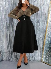 SHEIN Clasi Vestido de fiesta elegante de mujer con combinación de color plata y pedrería - Dorado - Ver 3