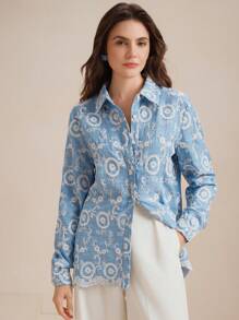 Anewsta 女士复古刺绣衬衫，适合春季、夏季和海滩穿着 - 淺色水洗藍 - 查看 4