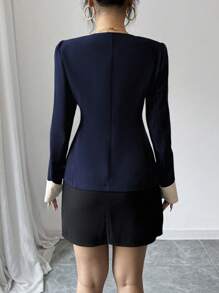 Elenzga Women's Colorblock Long Sleeve Single Breasted Elegant Blazer - Navy Blue - View 2