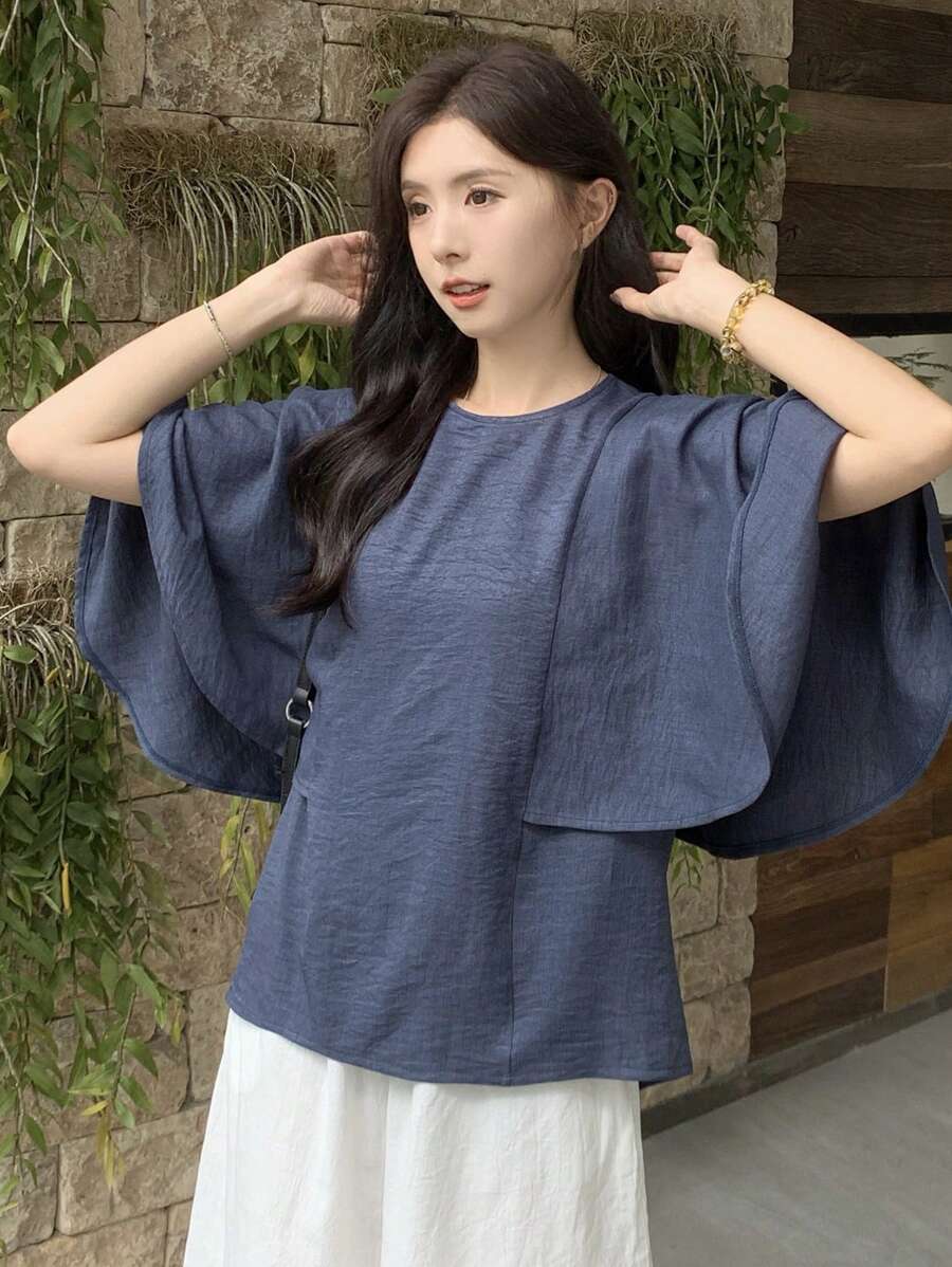 FRIFUL 1 件女士休闲蓝色斗篷衬衫，适合办公室通勤穿着，夏季 - 藏蓝色 - 查看 1