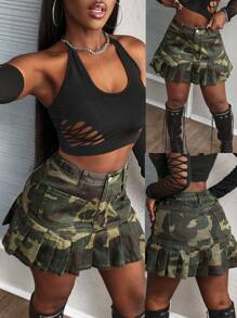 SHEIN Slayr Women Pocket Detail Camouflage Denim Pleated Mini Skirt