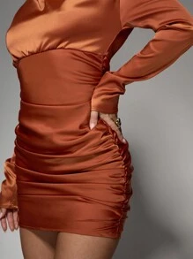 MISSGUIDED Satin High Neck Long Sleeves Gathered Ruched Bodycon Mini Dress - Brown - View 4