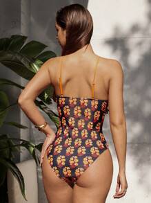 SHEIN Swim Summer Women's Flounced Square Neck Fluorescent Orange Bohemian Floral Print Spaghetti Strap One-Piece Swimsuit, Suitable For Vacation And Beach - Multicolor - View 2