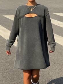 Muchica Women Crew Neck Long Sleeve Hollow Out Casual Short Dress - Black - View 4