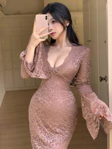 DAZY Váy midi tay loe cổ chữ V ren thanh lịch dành cho nữ, Váy cưới, Váy thu, Váy dài tay - Màu be - Xem 4