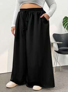 SHEIN CURVE+ Plus Size Women's Casual Solid Color Drawstring Ultra Loose Wide Leg Pants (With Pockets) - Black - View 4