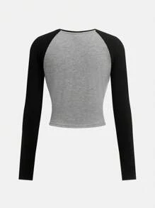 SHEIN Girlism 青少年女孩休闲街头时尚撞色拼接插肩袖长袖上衣 - 白色 - 查看 2