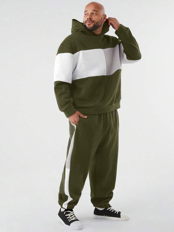 Manfinity NXTstreet Plus Size Men's Loose Stretchy Multi-Color Long Sleeve Hoodie And Sports Pants Set