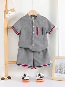 SHEIN 2pcs Set Baby Boy Summer Casual Elegant Adorable Gray Contrast Tape Short Sleeve Shirt And Shorts Outfit, Suitable For Birthday Party, Evening Party, Performance, Wedding, One-Month-Old Celebration And First Birthday - Multicolor - View 1