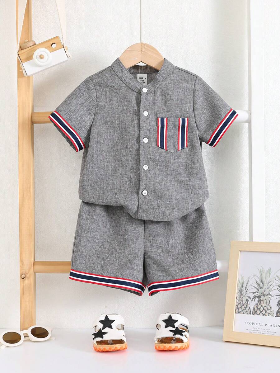 SHEIN 2pcs Set Baby Boy Summer Casual Elegant Adorable Gray Contrast Tape Short Sleeve Shirt And Shorts Outfit, Suitable For Birthday Party, Evening Party, Performance, Wedding, One-Month-Old Celebration And First Birthday - Multicolor - View 1