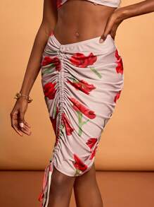 HEAVINZ LANE 设计师波西米亚风粉色春夏大花卉印花荷叶边抽绳紧身裙，适合度假、节日、伊比沙岛 - 灰色 - 查看 5