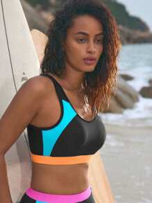 Swim SPRTY 2024 新款女士拼色运动泳衣，工字背心文胸上衣游泳训练休闲收腹泳装夏季