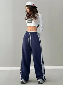 SHEIN EZwear Women's Spring Summer Daily Wear Y2K Fashion Streetwear Preppy Homecoming Casual Knit Lace Banded Texture Decoration Drawstring Elastic Waistband With Pockets Navy Blue Wide Leg Sweatpants