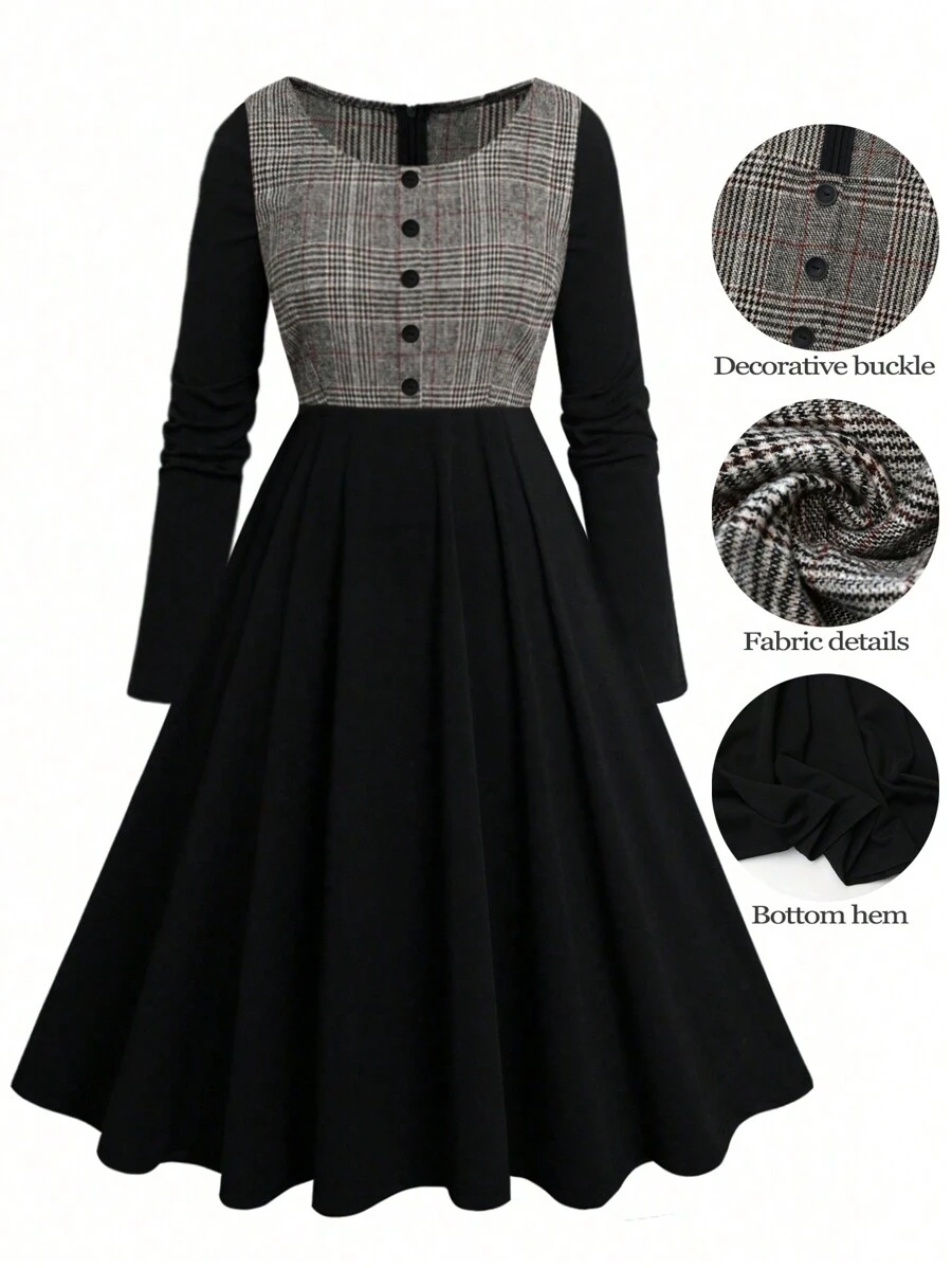 SHEIN LUNE Plus Size Casual Plaid Patchwork Long Dress, Winter - Black - View 1