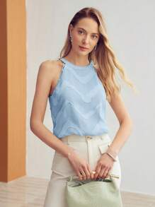 MOTF PREMIUM BUTTON DETAIL TEXTURED HALTER TOP - Baby Blue - View 4