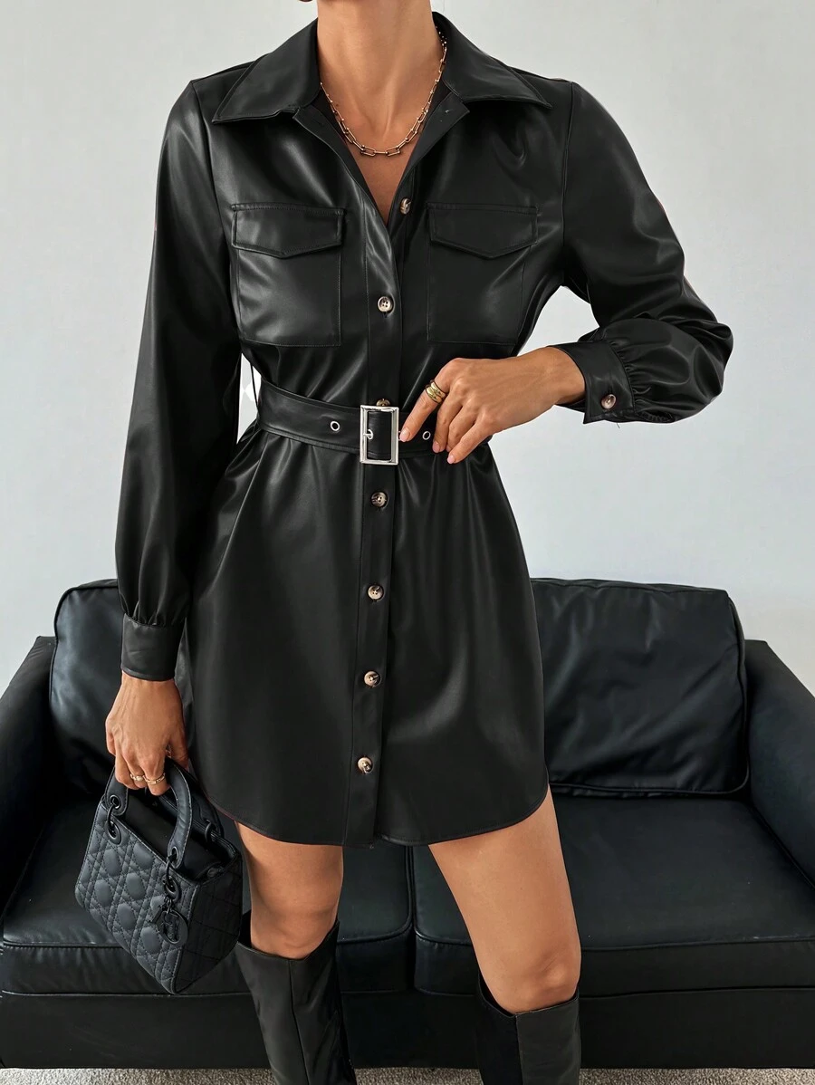 SHEIN Essnce 女士休闲纯色折叠口袋系带迷你长袖衬衫裙 PU 连衣裙，适合派对、秋季、日常生活、通勤、约会、外出连衣裙秋季女装女装 - 黑色 - 查看 1