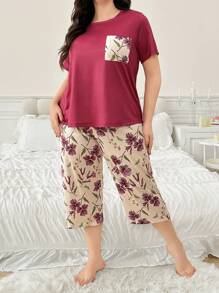 Plus Size Floral Print Short Sleeve Pocket Shirt And 3/4 Pants Set, Homewear
