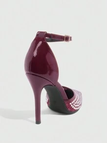 CUCCOO SZL Women's Pointy Toe High Heel Hollow Out Sandals, Rhinestone Decor, Wedding Party, Wine Red Color Spring Shoes Spring Break Easter Prom Heels - Burgundy - View 8