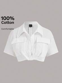 SHEIN EZwear Summer Going Out Tweaking In The Front Flap Pocket Drop Shoulder Crop White Shirt,Short Sleeve Tops