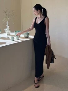 DAZY Women V-Neck Wrap Long Sweater Dress, Spring/Summer Vacation - Black - View 5