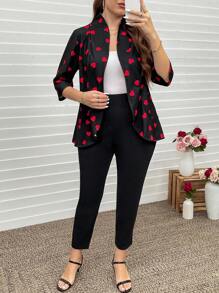 SHEIN LUNE 2pcs/Set Plus Size Casual Heart Print Jacket And Pants Set Valentines Spring Clothes Summer Clothes Spring Outfits For Women Vacation Outfits Woman - Multicolor - View 3