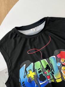 3Pcs/Set Tween Boy Loose Fit Street Style Graphic Print Tank Top Set