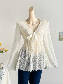 Soleia Áo ren đi nghỉ cho nữ có dây buộc phía trước và tay loe - Màu be - Xem 3