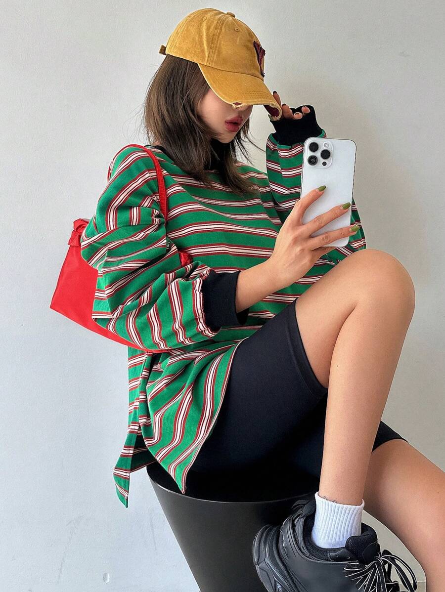 DAZY 女式超大侧开衩圆领长袖 T 恤，春夏秋季波西米亚风，秋季女装