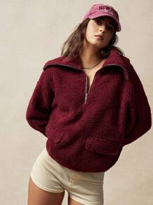 VARSITIE 复古红色大翻领口袋宽松休闲袖口保暖女式运动夹克