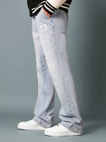 SUMWON Retro Style Wide Leg Relaxed Fit Denim Pants Varsity Number Print 93 Casual College Fashion Statement Jeans Men Winter Fall 2024 Collection - Blue - View 4