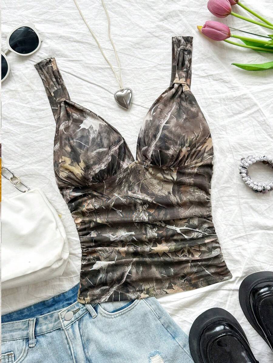 Soleia Áo ba lỗ in hình lá cây cổ điển thắt nút lãng mạn cho kỳ nghỉ của phụ nữ - Nhiều màu - Xem 1