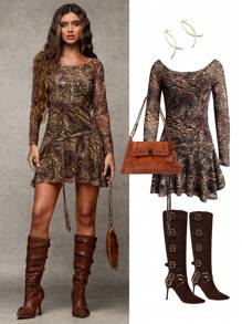 SHEIN BAE Đầm mini thường ngày in họa tiết cổ tròn tay dài cho nữ - Nhiều màu - Xem 7