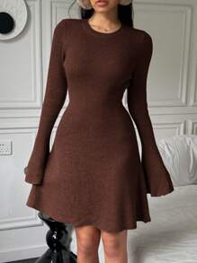 SHEIN EZwear 女士纯色圆领长袖简约棕色休闲短裙