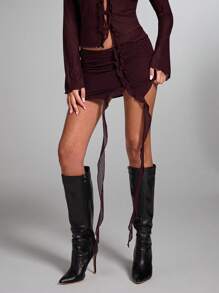 SHEIN BAE Minifalda con volantes de color burdeos sólido para citas, reuniones de chicas, estilo callejero, discoteca, San Valentín, fiesta de festival