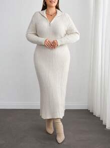 EURMUSE 1pc Solid Color Zip-Front Long Sleeve Casual Long Dress - Apricot - View 1