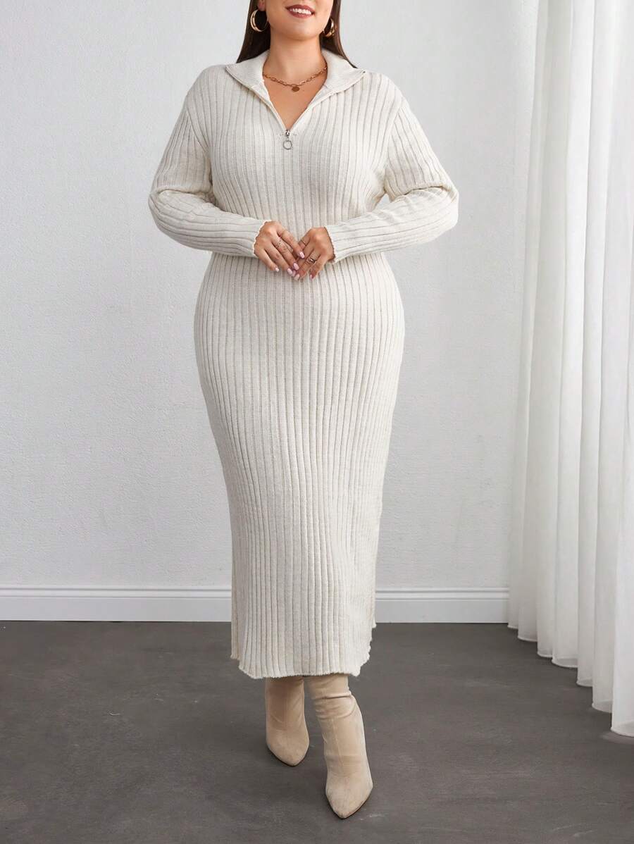 EURMUSE 1pc Solid Color Zip-Front Long Sleeve Casual Long Dress - Apricot - View 1